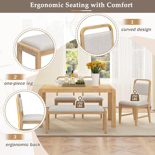 VilroCaz Vintage Extendable Dining Table Set for 4-6 with 4 Upholstered Chairs and 1 Bench, Rustic Wire Brushed Kitchen Table Set with Curved Design for Dining Room and Kitchen (Natural-1.9N) - Image 5