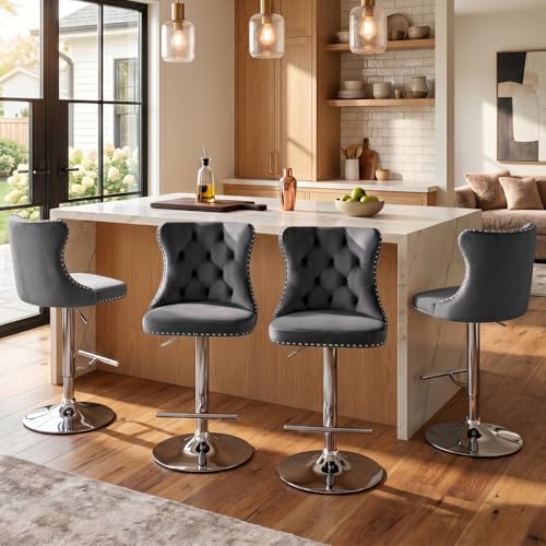 SoarFlash Velvet Bar Stool Set of 6, Adjustable Swivel Bar Stools with Silver Plated Metal Leg, Button Tufted, Footrest, Chrome Nailhead, Counter Height Chair for Kitchen, Bar, Dining Room (Grey) - Image 5
