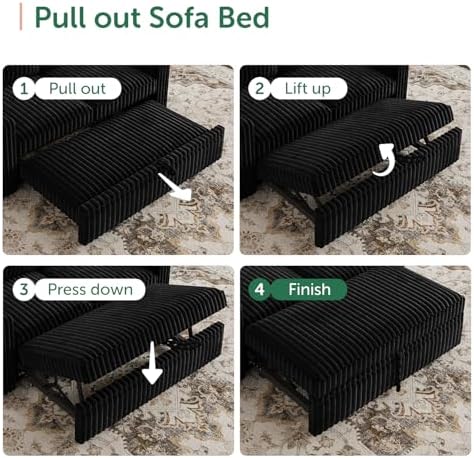 HONBAY Modular Pull Out Sofa Bed,Corduroy Loveseat, Couches for Living Room,Black - Image 5