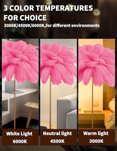 Feather Floor Lamp,Fluffy Ostrich Feather Floor Lamp for Bedroom,3 Color Temperatures Led Corner Modern Floor Lamps for Living Room Christmas Home Decor House Warming Gifts,63″ Height (Deep Pink) - Image 3