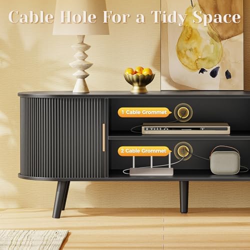 PRAISUN 54 Inch Fluted TV Stand for TVs up to 55 Inch, TV Media Console with Power Outlets and USB-C Port, Entertainment Center with Storage, Curved Sliding Doors, Adjustable Shelf, Black - Image 6