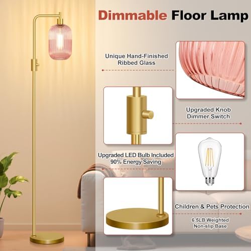 【Upgraded】 Dimmable Floor Lamp for Living Room with Pink Ribbed Glass Lampshade, Gold Modern Floor Lamp with 900LM LED Bulb Included, Arc Standing Tall Lamp for Bedroom, Office, Reading Room, Corner - Image 5