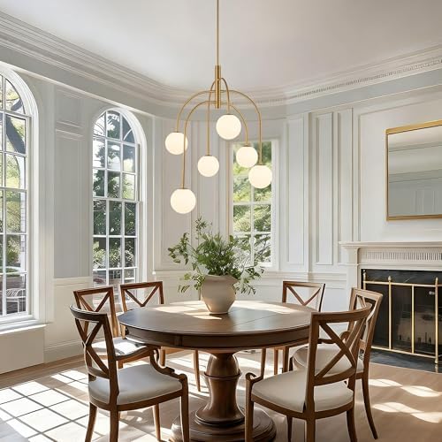 LamQee 6 Lights Mid Century Modern Chandelier, Milk Glass Globe Chandelier Light Fixture with Gold Metal & White Ball, Large Pendant Lighting Ceiling Hanging for Dining Room Kitchen Island Entryway - Image 2