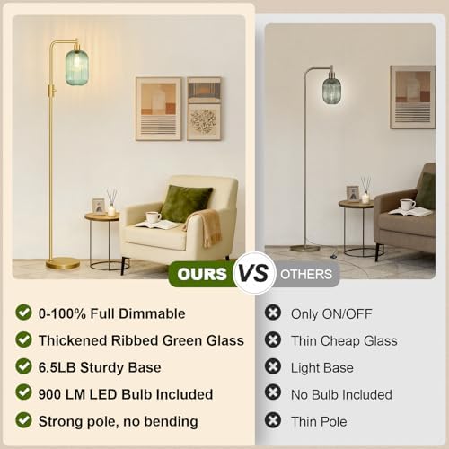 【Upgraded】 Dimmable Floor Lamp for Living Room with Green Ribbed Glass Lampshade, Gold Modern Floor Lamp with 900LM LED Bulb Included, Arc Standing Tall Lamp for Bedroom, Office, Reading Room, Corner - Image 2