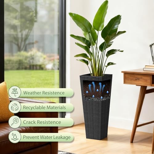 Greesum 23 Inch Tall Plastic Planters with Rattan Texture – Set of 2, Black - Image 3