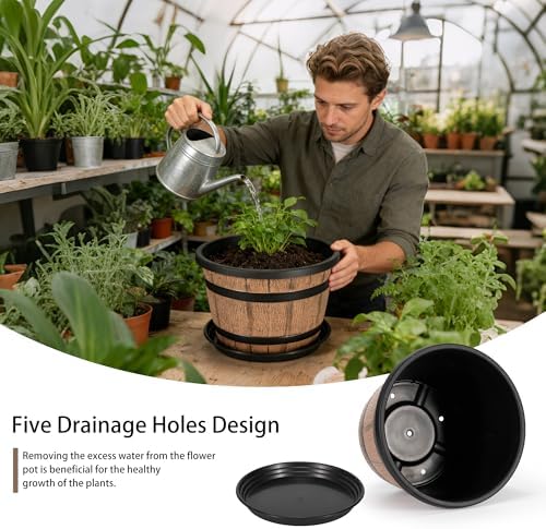 Whiskey Barrel Planters 12 Inch, 5 Pack Plastic Pots with Wood Design - Image 3