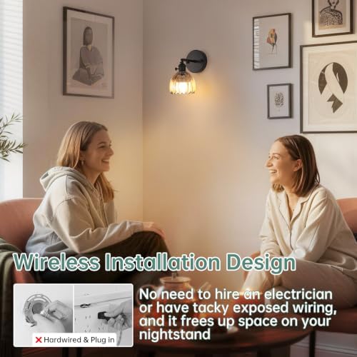 Shenmoyl Vintage Battery Operated Wall Sconce with Amber Tulip Glass Lampshade Rechargeable Battery Powered Black Wall Light with Remote Control for Bedside Bedroom Doorway - Image 5