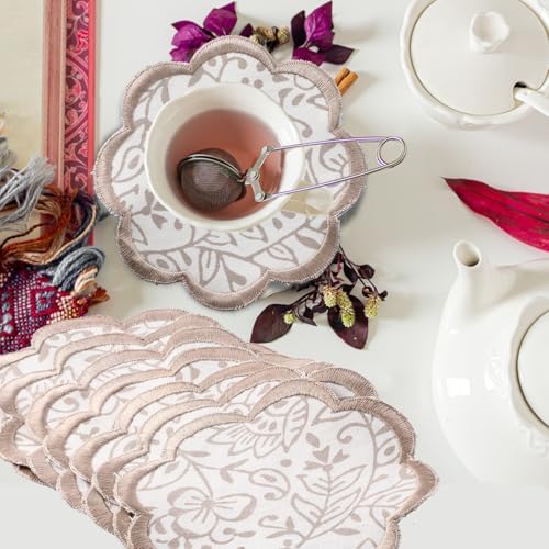Ridhi 8-Pcs 100% Cotton Hand Block Print Drink Coasters 5" in Taupe Jal by Ridhi