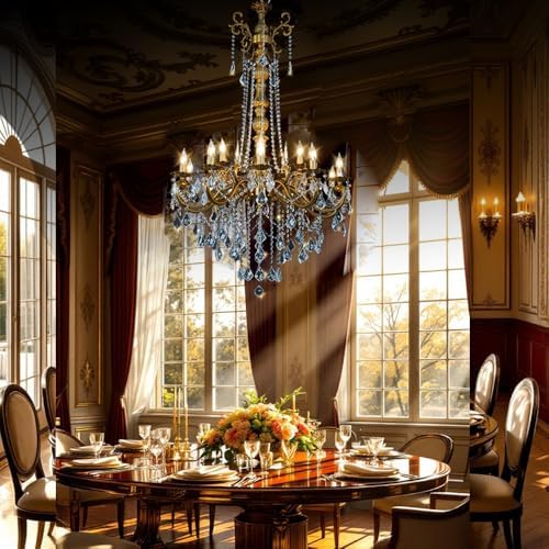 Gold Crystal Chandelier, Antique Gold Candle Chandelier High Ceiling H54" - Image 6