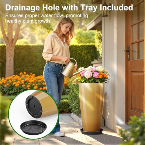 QCQHDU 21 inch Tall Planters for Outdoor & Indoor Plants, 2 Pack Sturdy Plant-Flower-Tree Pots for Front Porch Patio Deck Living Room Decor, Golden - Image 5