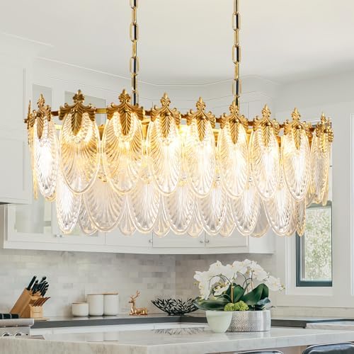 KELUOLY Rectangular Crystal Glass Dining Room Chandelier, 8 Light Gold Chandeliers Lighting Fixture, L33.5'' Height Adjustable Oval Ceiling Pendant Light for Office Coffee Over Table Kitchen Island by KELUOLY