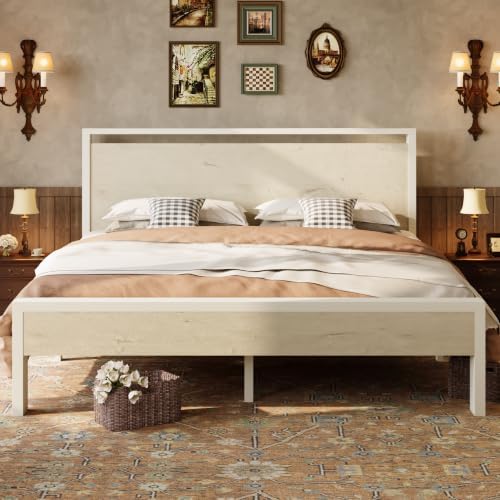 SHA CERLIN 14 Inch King Metal Platform Bed Frame with Wooden Headboard and Footboard, No Box Spring Needed, Large Under Bed Storage, Heavy Duty Slats Support, White Washed Oak - Image 3