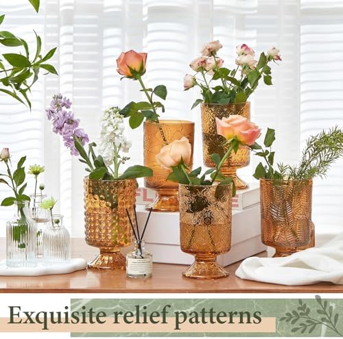 9 Pcs (H:7" W:4") Embossed Flower Amber Vase Pedestal Glass Vase - Image 6