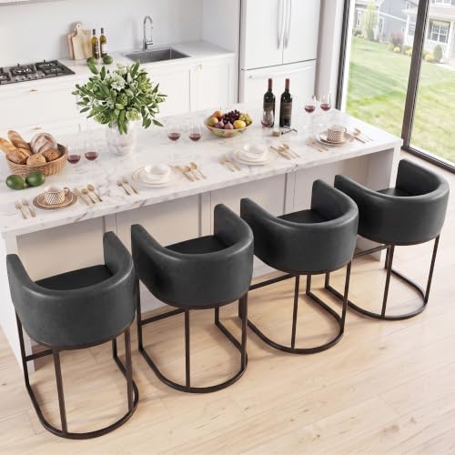 Counter Height Bar Stools Set of 4, Modern Counter Stools for Dining Room, 24 Inch Barstools for Kitchen Island, Faux Leather Bar Stool with Metal Legs and Back Footrest, Black by KRAMZMINGQualityHome