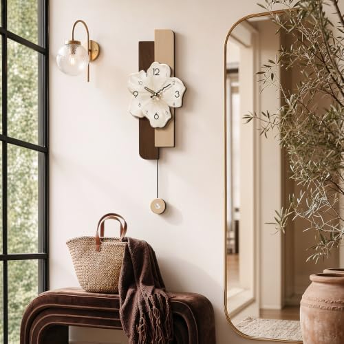 Flower Wall Clocks Battery Operated Decorative with Pendulum 9*24in,Beige - Image 2