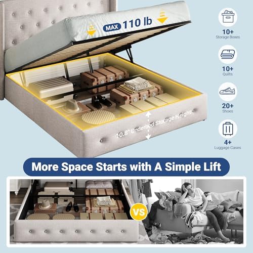 Allewie Queen Size Lift Up Storage Button-Tufted Bed Frame Light Beige - Image 3