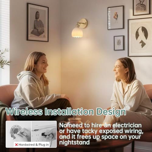 Shenmoyl Vintage Battery Operated Wall Sconce with White Tulip Glass Lampshade Rechargeable Battery Powered Wall Light with Remote Control for Bedside Bedroom Doorway, Set of 2 - Image 5