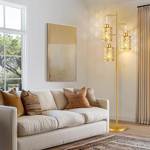 68" Modern Tree Floor Lamp, Dimmable Industrial Tall Standing Lamp with Metal Cages & Rotary Dimmer Knob, Corner Decor Lighting for Living Room Bedroom Cafe, 3 x 800LM Bulbs Included - Gold - Image 2