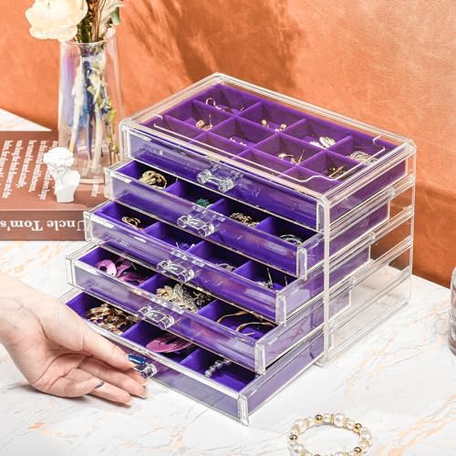 ProCase Earring Holder Organizer Jewelry Box with 5 Drawers, Purple - Image 3