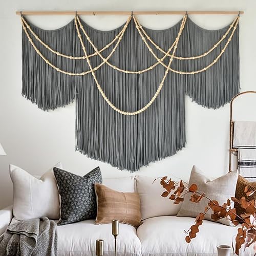 Large Macrame Wall Hanging Grey Boho Wall Art Beaded Decor 57"W*39"L - Image 4