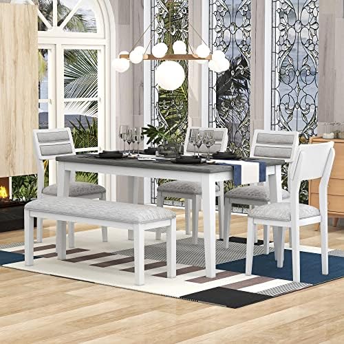 Classic Dining Table Set with Upholstered Chairs and Bench for 4-6, White by Merax