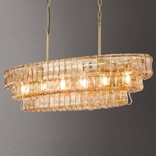 40in Large Chandelier Gold, Modern Dining Room Light Fixtures, 3 Layer Luxury Glass Chandelier 6 Light Rectangular Chandeliers for Dining Room Kitchen Island Living Room (Amber Glass) by Unknown