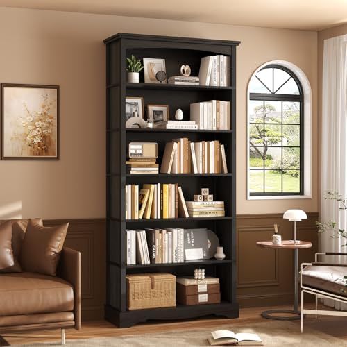 TVU 6-Tier Wooden Bookshelf, 76 Inch Tall Bookshelf with Storage, Floor Standing Modern Style Display Bookcase for Living Room, Office, Study Room, Entryway, Black - Image 2
