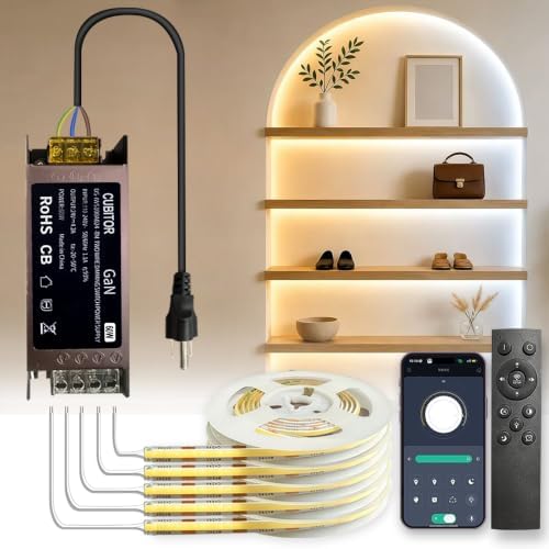 Diffused CCT COB LED Light Strip,5Rolls*3.28FT,2700K-6500K Dimmable,Smart Transformer Support Remote/App/Alexa Voice Control,for Display Case,Book Shelves,Kitchen Under Cabinet DIY Lighting by Unknown