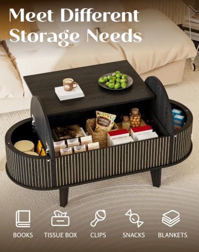 Oval Lift Top Coffee Table with Storage, Fluted 47" Wood Mid Century Modern Coffee Table for Living Room, Black - Image 6