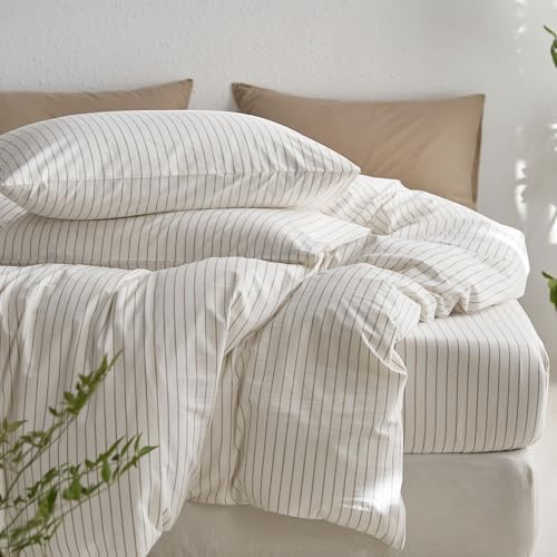 MooMee Striped Duvet Cover Set 100% Washed Cotton Linen Like Cal King - Image 5