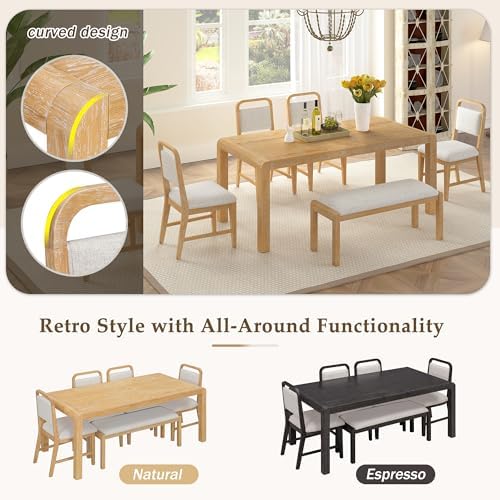 VilroCaz Vintage Extendable Dining Table Set for 4-6 with 4 Upholstered Chairs and 1 Bench, Rustic Wire Brushed Kitchen Table Set with Curved Design for Dining Room and Kitchen (Natural-1.9N) - Image 6