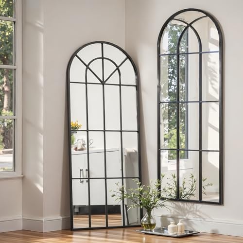 Dewfig Arched Full Length Mirror, 71"x 32" Windowpane Floor Mirror, Black - Image 3