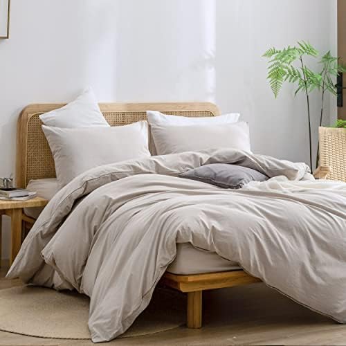 BESTOUCH Cotton Solid Duvet Cover Set Linen Feel Linen Grey Super King Plus - Image 4