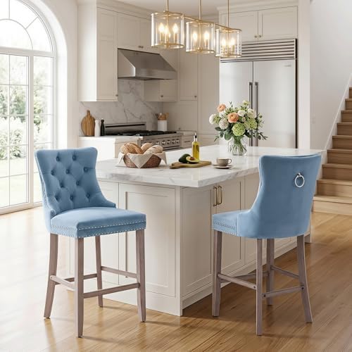 SoarFlash Modern Velvet Upholstered Bar Stools Set of 2 with Wood Legs, Button Tufted,Chrome Nailhead, Counterstool Seat, Armless Bar Chairs (Sky-Blue) by SoarFlash