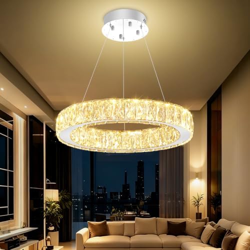 Modern LED 23.6" Ring Chandelier for Dining Room Living Room Dimmable Crystal Pendant Light Adjustable Round Chrome Crystal Chandelier by IDEQUY