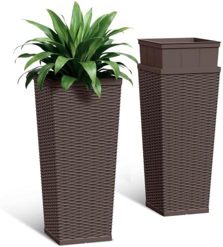 30 Inch Tall Plastic Planters(Set of 2) with Drainage Holes, Brown by Acurax
