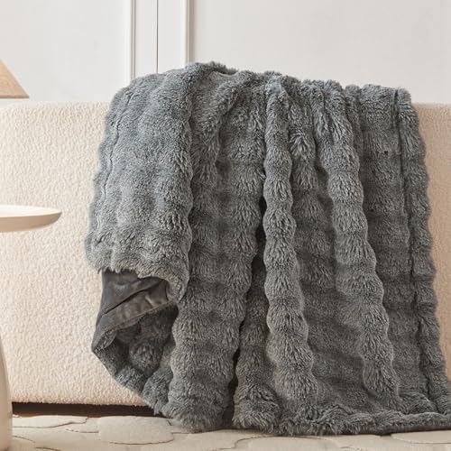 COOVA Soft Bubble Faux Fur Throw Blanket, 60"x80", Cationic Light Grey - Image 4