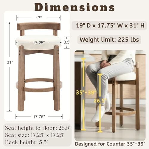 LukeAlon Mid Century Linen Counter Stools Set of 3, Upholstered 26.5" Seat Height Low Barstools with Natural Wood Legs Round Low Back Kitchen Stools with Footrest for Dining Room, Beige - Image 2