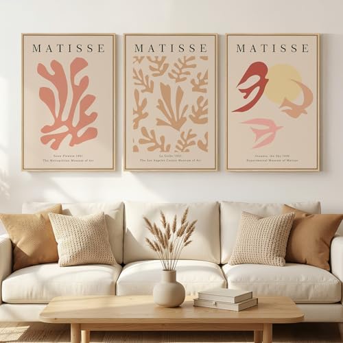 Large Framed Pink Abstract Matisse Canvas Wall Art for Living Room, 3 Piece by Cuspin