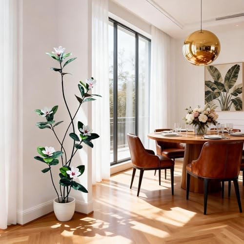 7FT Tall Lifelike Artificial Magnolia Tree with 6 Pcs Magnolia Flowers in White Planter Pot, Rubber Tree Faux Plants Indoor Artificial Plants & Flowers for Home Office Living Room Decor - Image 6