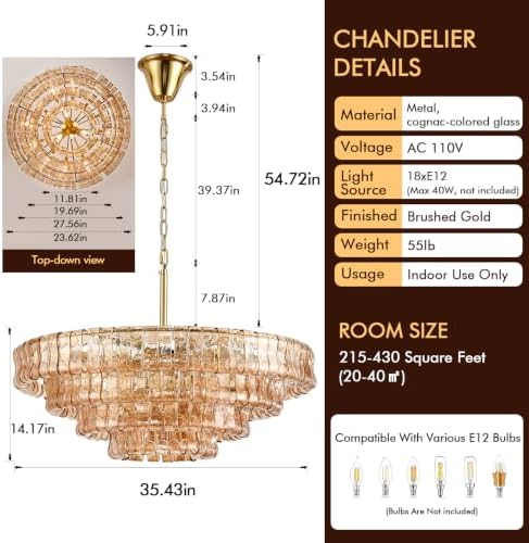 35in Large Chandelier Gold, Modern Dining Room Light Fixtures, 4 Layer Luxury Glass Chandelier 18 Light Chandeliers for Dining Room Kitchen Island Living Room (Amber Glass) - Image 3