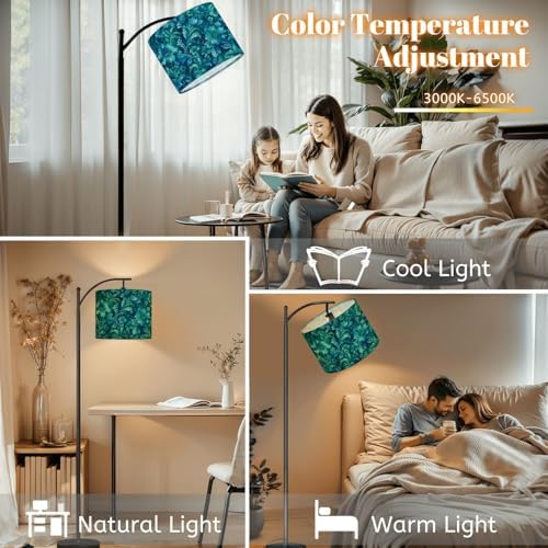 Arc Floor Lamp Teal Blue Floral Paisley Watercolor Dimmable Modern Standing Lamp with Remote Adjustable Drum Shade Footswitch Tall Pole Lamp for Living Room Bedroom - Image 5
