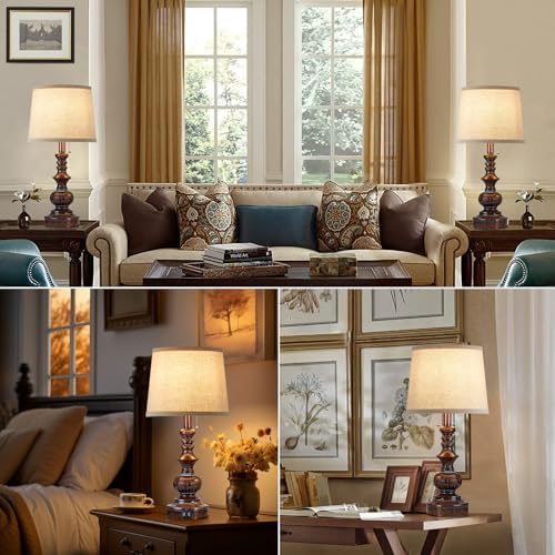 Drawealth Vintage Bedside Table Lamps Set of 2 for Bedroom Nightstand Lamps with USB Charging Ports Rustic Farmhouse Small Table Lamp for Living Room End Tables Brown Wooden Finish, Pull Chain - Image 2
