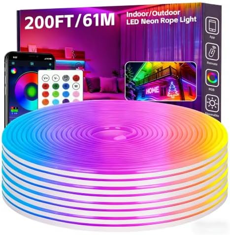 200FT RGB LED Neon Rope Lights, App & Remote Control, Flexible Waterproof IP65 Led Strip Lights, Music Sync Color Changing Multiple Modes Neon Lights for Bedroom Gaming Room Indoor & Outdoor Decor by Unknown