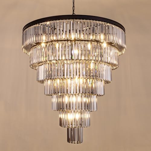 TOCHIC Black Crystal Chandelier for Living Room, 40 Inch 7-Tier Modern K9 Smoke Grey Chandeliers for Dining Room, Round Raindrop Light Hanging for High Ceiling, Staircase, Entryway, Foyer - Image 4