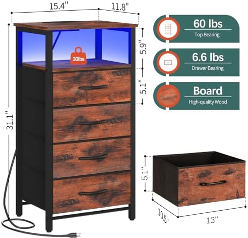 Yoobure Night Stand - LED Rustic Nightstand with Charging Station for Dorm - Image 3