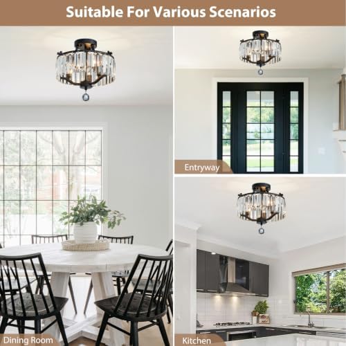 Crystal Black Chandeliers Modern Farmhouse Small Chandelier 12.2 Inch 3-Light Round Crystal Mini Semi Flush Mount Ceiling Light Fixture for Dining Room Entryway Hallway Kitchen Bedroom Foyer - Image 5