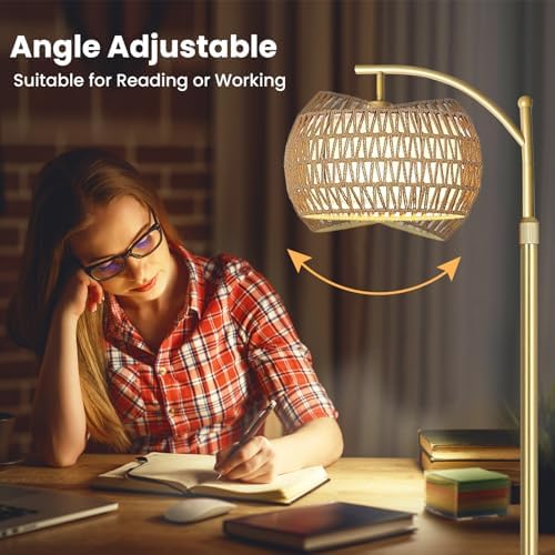 Yusist Arc Floor Lamp for Living Room,Farmhouse Floor Lamps with Remote Control & Dimmable Bulb,Gold Boho Rattan Tall Standing Lamp for Bedroom Office - Image 4