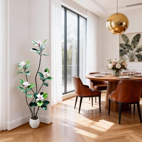 6FT Tall Lifelike Artificial Magnolia Tree with 5 Pcs Magnolia Flowers in White Planter Pot, Rubber Tree Faux Plants Indoor Artificial Plants & Flowers for Home Office Living Room Decor - Image 6