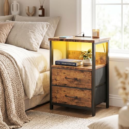 Fixwal Night Stand with Charging Station, Led Nightstand, 2 Fabric Drawers - Image 2